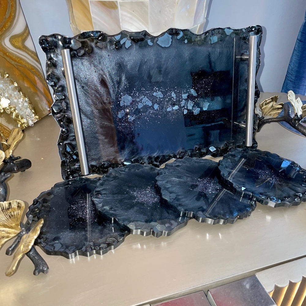 Geode Resin Grey/Black Coffee Tray & Coaster Set